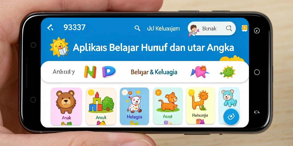 Antarmuka aplikasi 93337 yang ceria dan interaktif untuk belajar huruf dan angka.