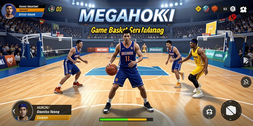 Antarmuka <strong>MEGAHOKI</strong> menampilkan aksi seru dalam permainan basket.
